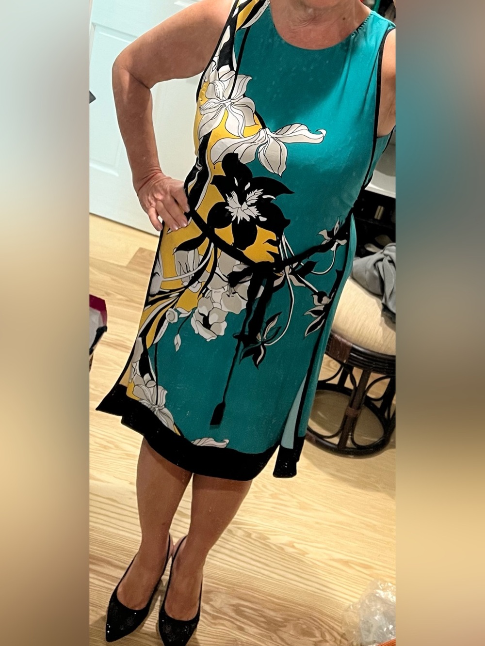 Elie Tahari Teal Floral Print Mini Dress with Yellow & Black Accents